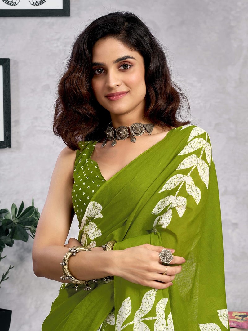 Satrani Women's Pure Cotton Printed Ready To Wear Saree with Unstitched Blouse Piece (38RS132_Green1) - Image 4