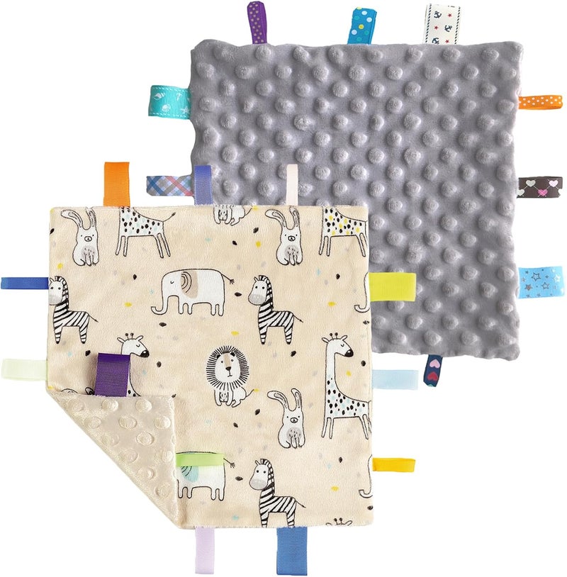 CREVENT Tag Security Blankets for Babies, Soft Small Loveys for Boys, Baby Comforter Sensory Blanket, Great Gifts for Birthday Baby Shower (10"X10" Zoo + Grey) - Image 1