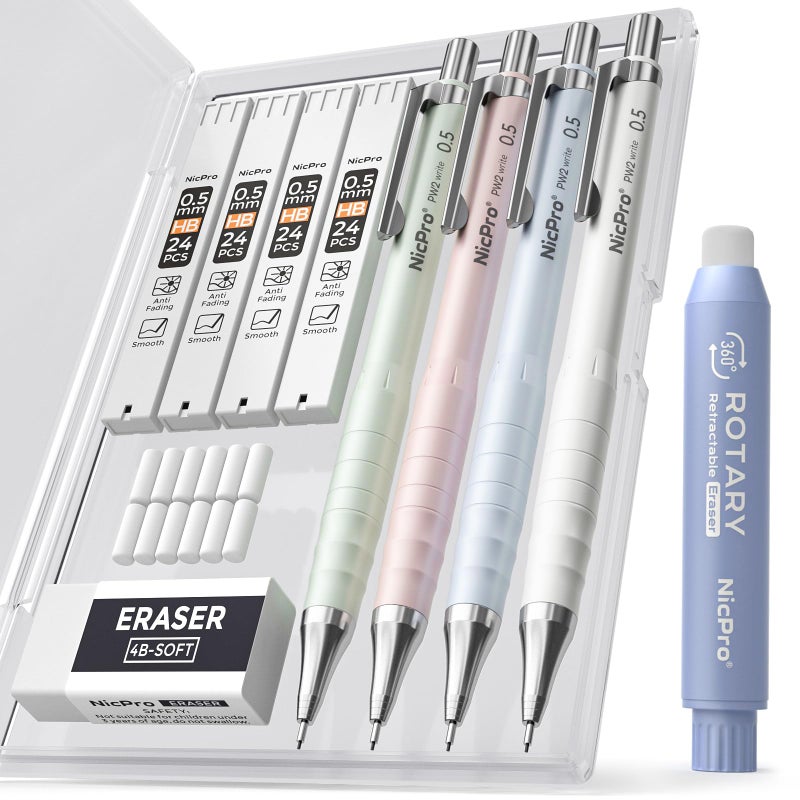 Nicpro Cute Mechanical Pencil Set, 4PCS 0.5mm Pastel Drafting Pencils with 4 Tube HB Lead Refills, 4B Erasers, Rotary Retractable Eraser and Eraser Refill for Writing Sketching Back to School Supplies - Image 1