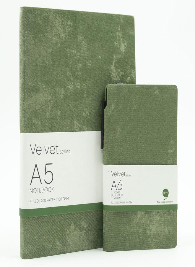 COMMA | Velvet Series Combo | A5 & A6 Size with Pen | Flexible Bound Notebook | 200 Pages | 100gsm Natural Shade Paper | Velvet PU Cover with Edge Colour - Green - Image 1