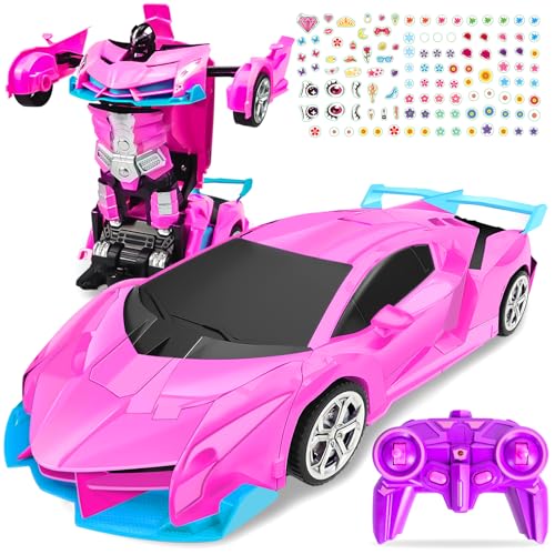 Bloolilies Rc Car Remote Control Car Toys for Girls Birthday Gifts 118 Pink Transform Robot Toy Cars with 360 Rotating Led Lights  One Button Deformation Transform Toys for Kids 3 4 5 6 7 8 - Image 1