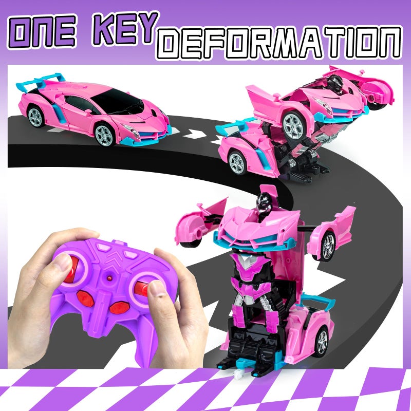 Bloolilies Rc Car Remote Control Car Toys for Girls Birthday Gifts 118 Pink Transform Robot Toy Cars with 360 Rotating Led Lights  One Button Deformation Transform Toys for Kids 3 4 5 6 7 8 - Image 3