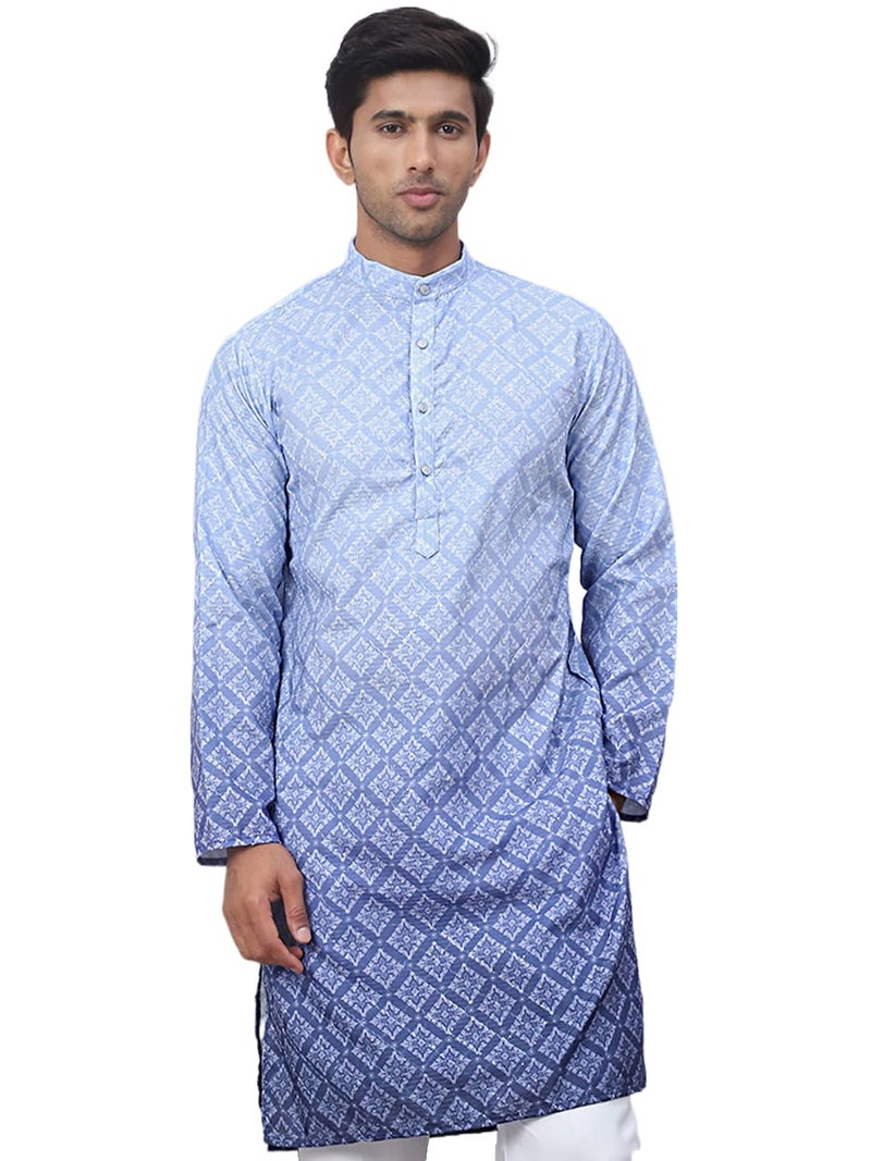 Jompers Blue Men's Ombre Pure Cotton Straight Kurta (Blue, L) - Image 1