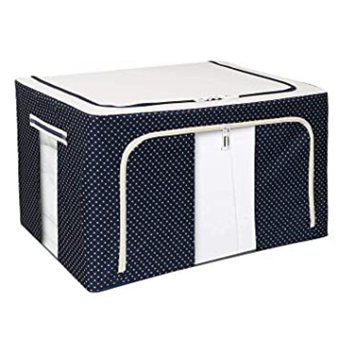 STORAGE BOXES 66 LTR PREMIUM ALL BLUE POLKA OXFORD FOLDABLE STACKABLE CLOTH ORGANIZER WITH METAL FRAME WINDOW CARRY HANDLES FOR BEDDING CLOTHES CLOSET WARDROBE ORGANIZER PACK OF1