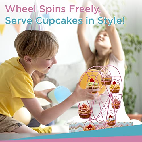 Zoie + Chloe Ferris Wheel Cupcake Stand - Decorative Cupcake Holder for Parties - Spinning Display for Serving Pastry, Treats & Desserts - Easy-to-Clean, Fits 8 Small Cupcakes - 14x4x17, Rose Pink - Image 3