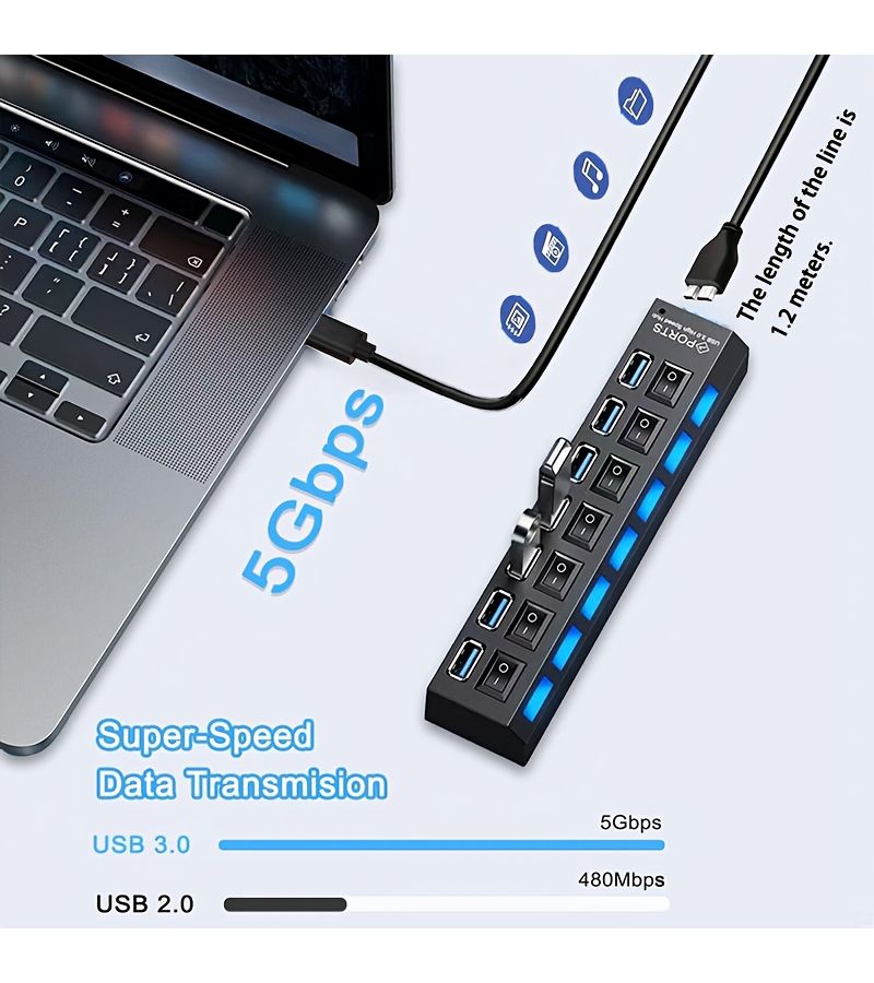 USB 3.0 7 Port Splitter Hub with 47.24inch Cable 5Gbps - Image 1