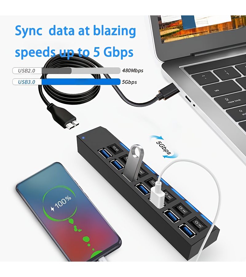 USB 3.0 7 Port Splitter Hub with 47.24inch Cable 5Gbps - Image 4