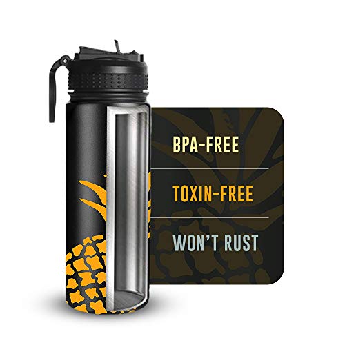 Life's Easy Stainless Steel Insulated Water Bottle - Sports Water Bottle w/Loop Handle Bionic Silicone Straw Lid - Vacuum Flask for Hot & Cold Drinks - Great for School & More (Pineapple Black,18 oz) - Image 4
