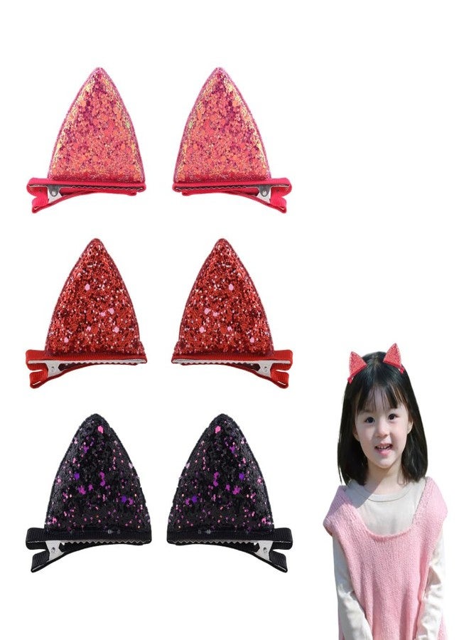 Sdopbinbin Cat Ear Hair Clips Halloween Glitter Hair Clips for Girls Kid Women Cute Cat Ear Hair Barrettes Sparkly Christmas Hair Clip Hairpin Red Pink Ears Hair Clip Halloween Alligator Hair Pin Set of 6 - Image 1