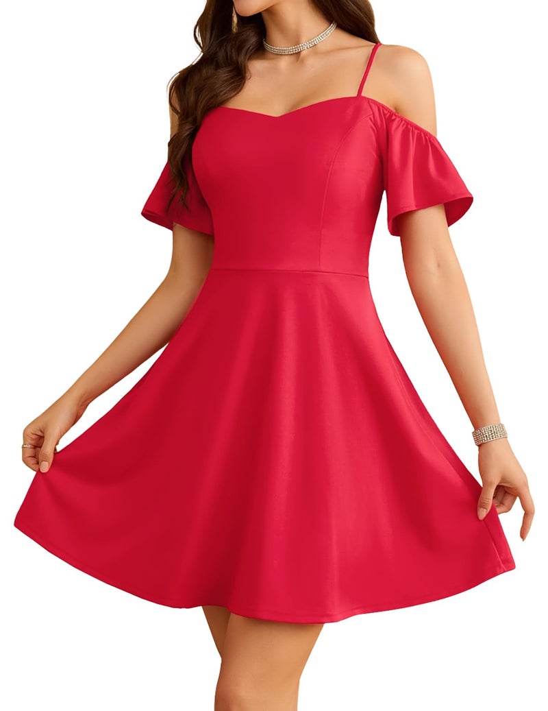Meetjen Womens Prom Dresses for Teen Cocktail Mini Wedding Guest Fall Off Shoulder Short Sleeve Casual Grad Party Dress Red M - Image 1