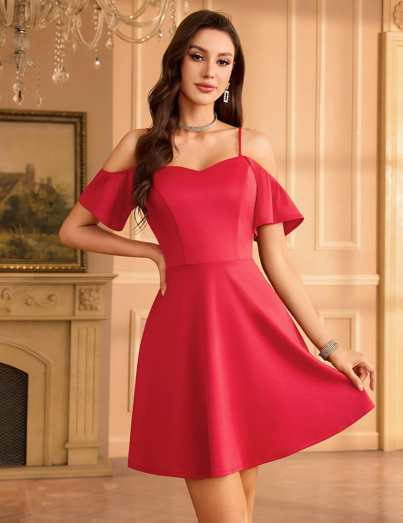 Meetjen Womens Prom Dresses for Teen Cocktail Mini Wedding Guest Fall Off Shoulder Short Sleeve Casual Grad Party Dress Red M - Image 2
