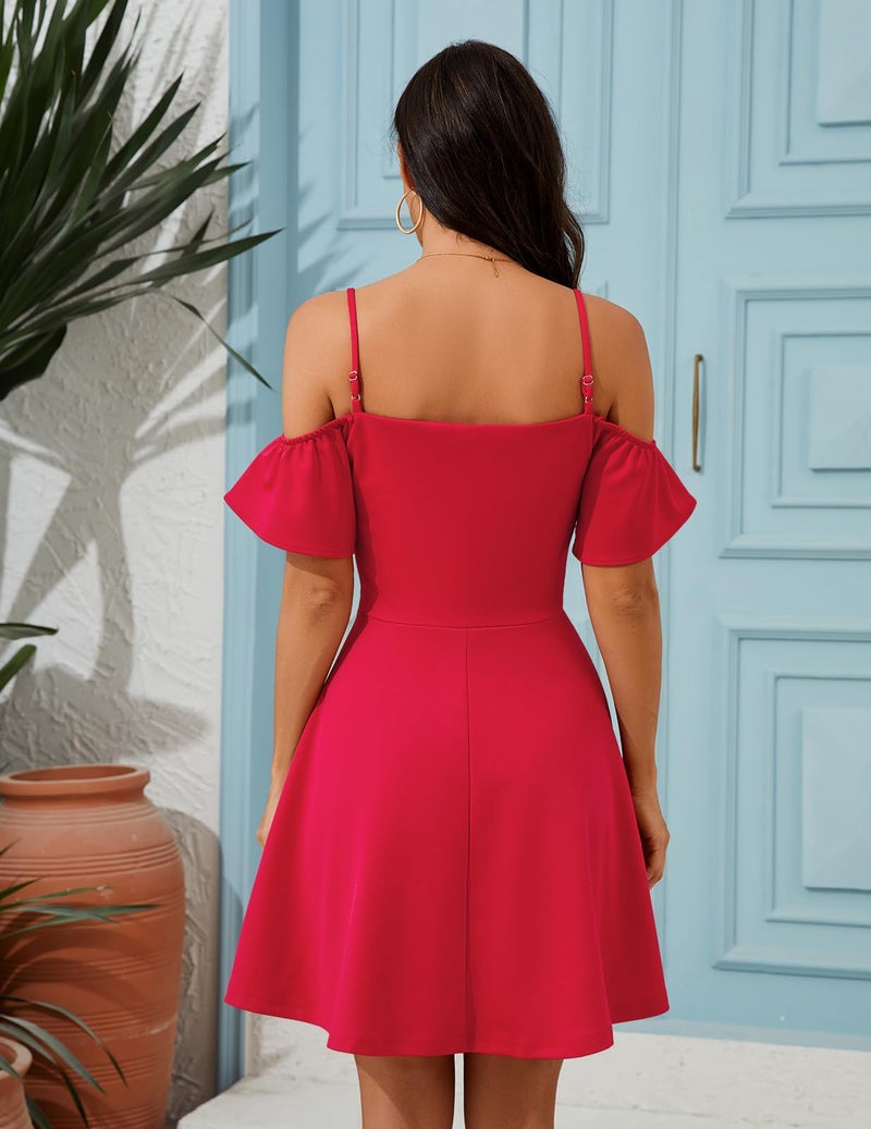 Meetjen Womens Prom Dresses for Teen Cocktail Mini Wedding Guest Fall Off Shoulder Short Sleeve Casual Grad Party Dress Red M - Image 5