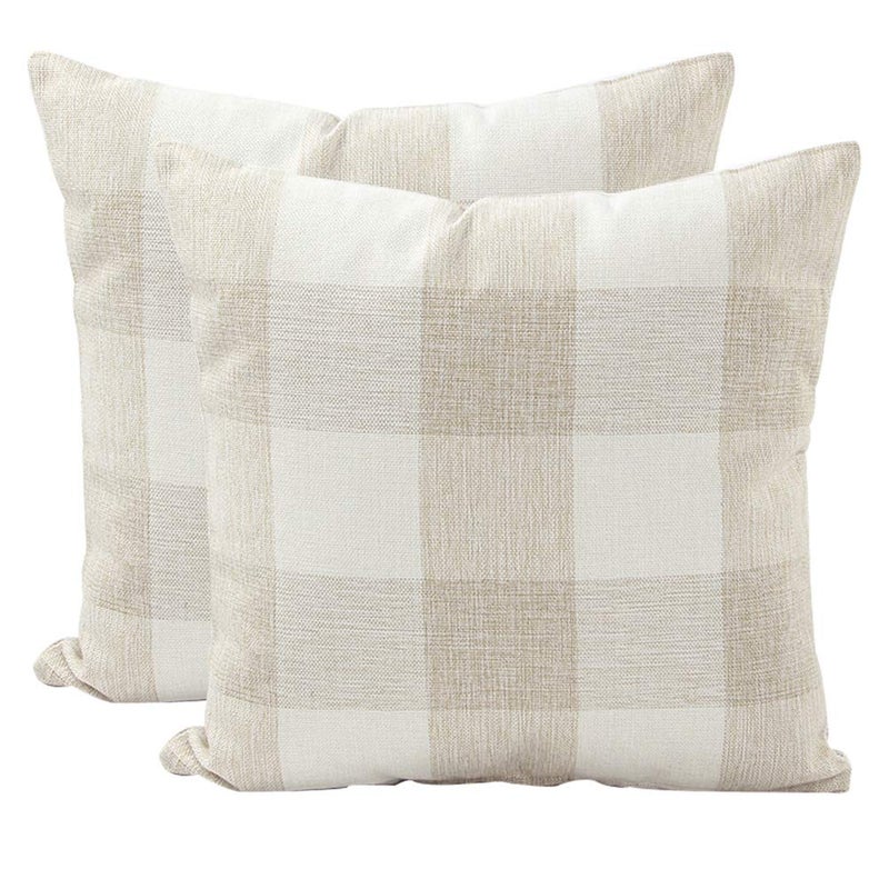 JOTOM Plaids Tartan Linen Pillow CoverCushion Covers for Home Sofa Car Outdoor Decorative 45 x 45cmSet of 2 CheckeredBeige White