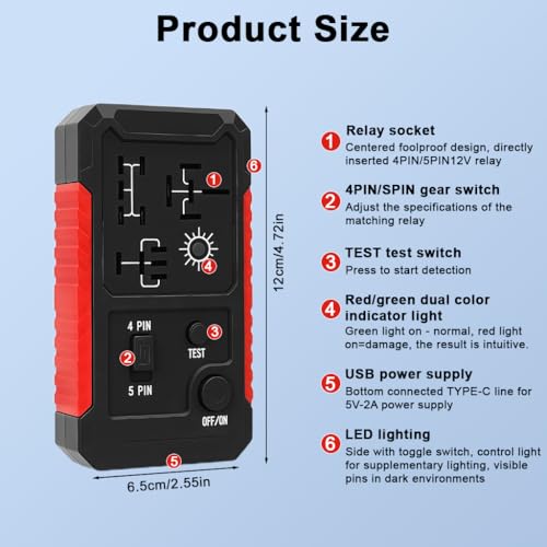 STHIRA® DC 12V Automotive Relay Tester for 4PIN and 5PIN Testing, USB Rechargeable Car Relay Voltage Tester with Switch & Light Indicator, 5V DC, 1A-2A Input, Universal Relay Tester Device - Image 2