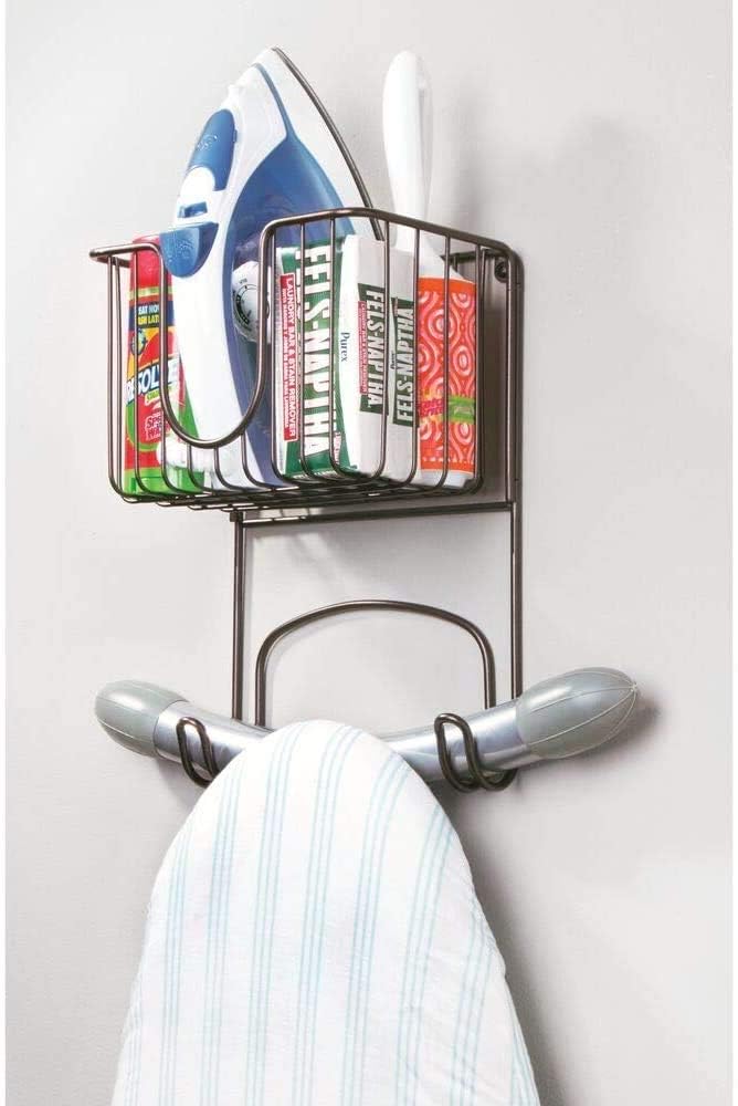 Indian Decor 38500 Wall Mount Metal Ironing Board Holder with Small Storage Basket Holds Iron Board Spray Bottles Starch Fabric Refresher for Laundry Rooms Black - Image 2