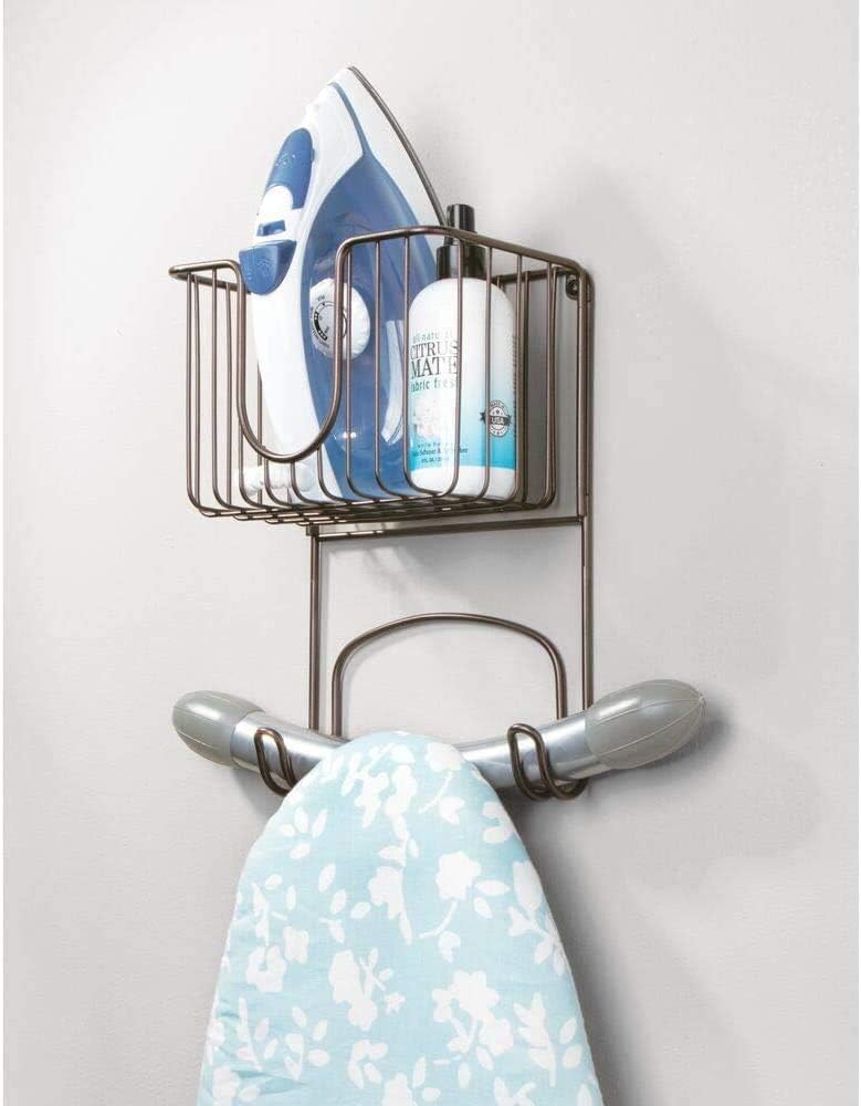 Indian Decor 38500 Wall Mount Metal Ironing Board Holder with Small Storage Basket Holds Iron Board Spray Bottles Starch Fabric Refresher for Laundry Rooms Black - Image 3
