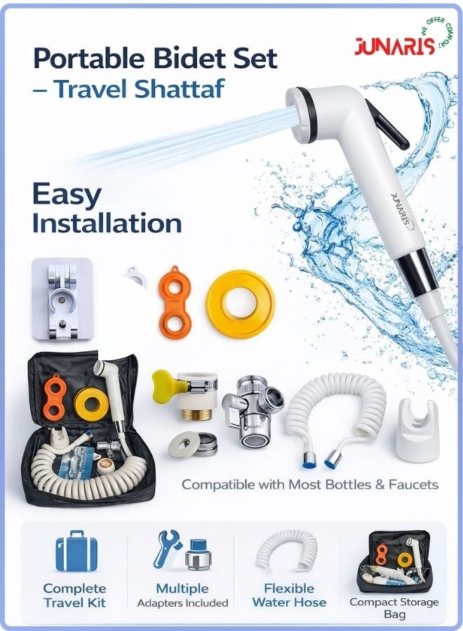 جوناريس طقم بيديه محمول للسفر - سهل التركيب وقابل لإعادة الاستخدام مع أنبوب قابل للتمديد بطول 280 سم - محول صنبور G1/2 مع حامل جداري لاصق وحقيبة سفر (Jjaass002) - Image 1