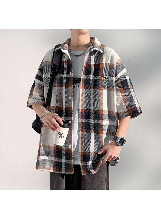 Foss Phil Men's Short Sleeve Shirt Summer Loose Plaid Shirt Casual Jacket Men's Clothing Cy53 Beige XL - Image 1