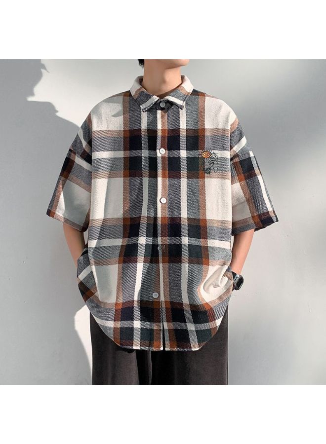 Foss Phil Men's Short Sleeve Shirt Summer Loose Plaid Shirt Casual Jacket Men's Clothing Cy53 Beige XL - Image 5