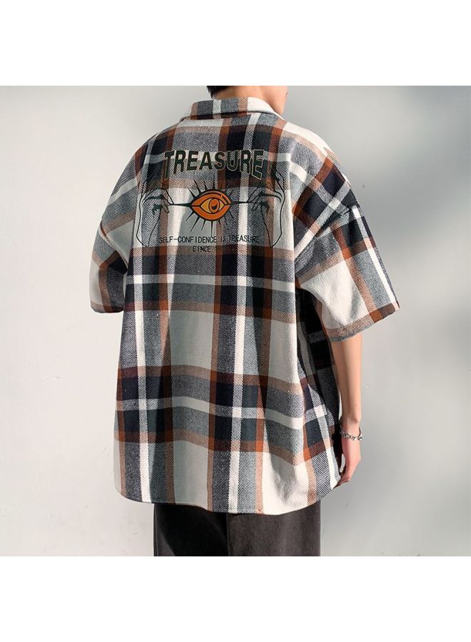 Foss Phil Men's Short Sleeve Shirt Summer Loose Plaid Shirt Casual Jacket Men's Clothing Cy53 Beige XL - Image 4