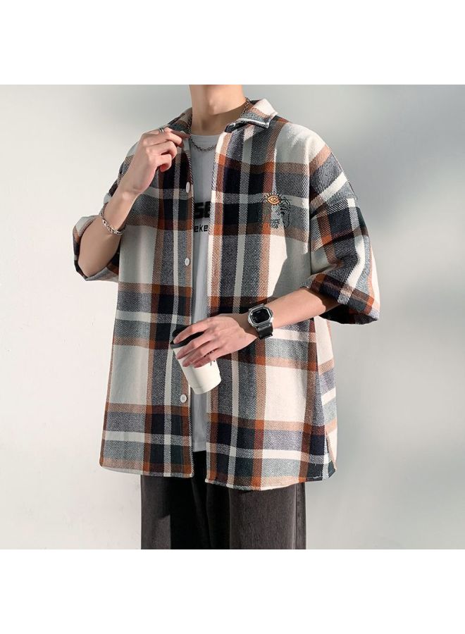 Foss Phil Men's Short Sleeve Shirt Summer Loose Plaid Shirt Casual Jacket Men's Clothing Cy53 Beige XL - Image 2