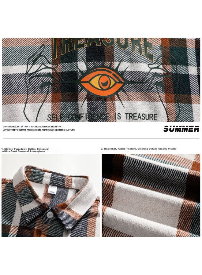 Foss Phil Men's Short Sleeve Shirt Summer Loose Plaid Shirt Casual Jacket Men's Clothing Cy53 Beige XL - Image 3