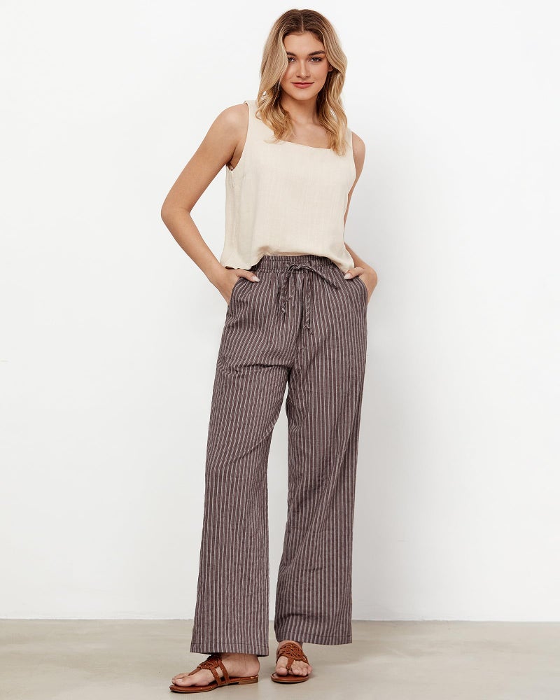 GRAPENT Size 16 Pants for Women Light Pants for Women Summer Linen Summer Casual Womans Flowy Brown White Stripe Size X-Large US 16 to 18 - Image 2
