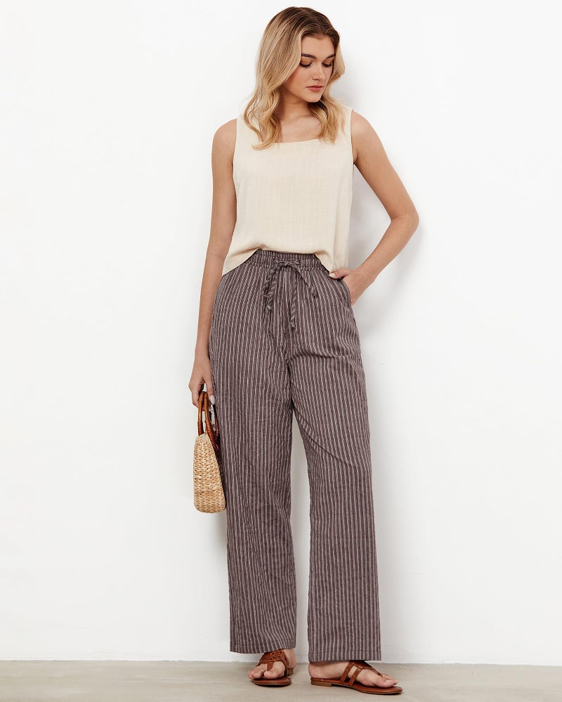 GRAPENT Size 16 Pants for Women Light Pants for Women Summer Linen Summer Casual Womans Flowy Brown White Stripe Size X-Large US 16 to 18 - Image 4