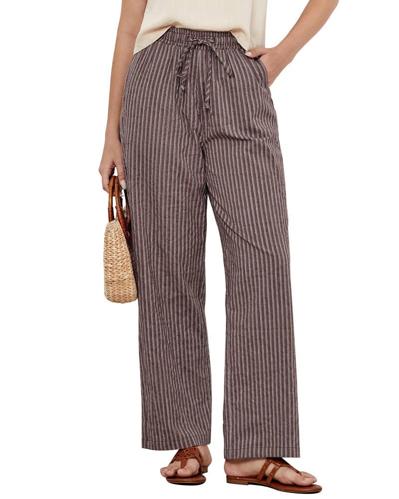 GRAPENT Size 16 Pants for Women Light Pants for Women Summer Linen Summer Casual Womans Flowy Brown White Stripe Size X-Large US 16 to 18 - Image 1