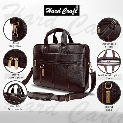 Hard Craft PU Leather Formal Office Sleeve Bag For 15.6 inch Laptop INoteBook Notepad MacBook Tablets Briefcase Messenger Bag for Men Women With Detachable Shoulder Straps (Brown) - Image 3
