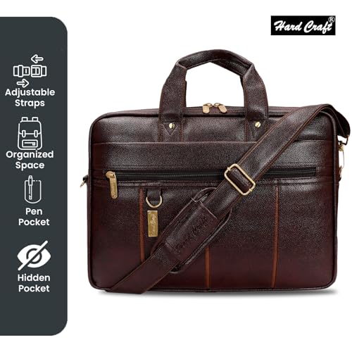 Hard Craft PU Leather Formal Office Sleeve Bag For 15.6 inch Laptop INoteBook Notepad MacBook Tablets Briefcase Messenger Bag for Men Women With Detachable Shoulder Straps (Brown) - Image 2