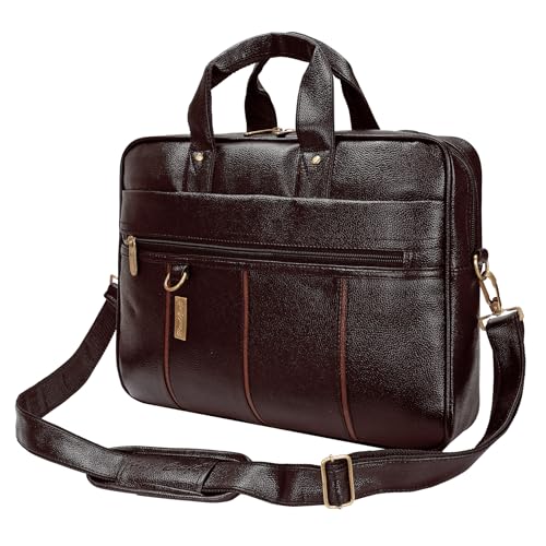 Hard Craft PU Leather Formal Office Sleeve Bag For 15.6 inch Laptop INoteBook Notepad MacBook Tablets Briefcase Messenger Bag for Men Women With Detachable Shoulder Straps (Brown) - Image 1