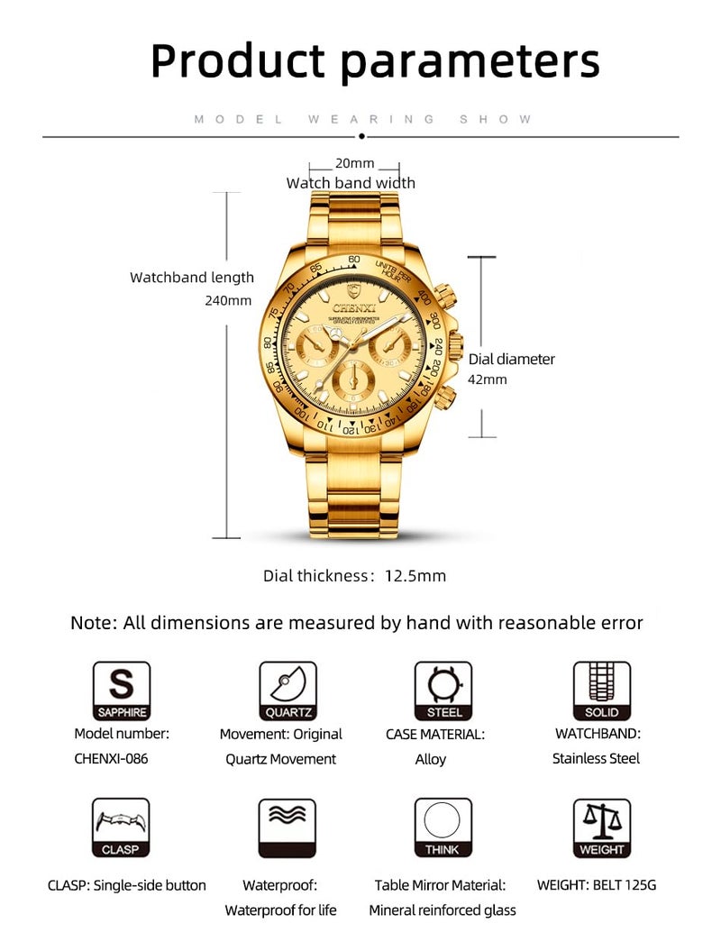 Chenxi DREAMING Q&P Gold Men's Luxury Gold Face Stainless Steel Classic Business Series Watch for Man - Image 3