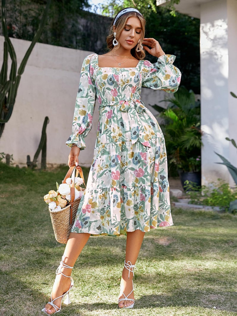 Amegoya Women's Boho Flowy Long Sleeve Midi Dress Tiered Smocked Square Neck Floral Maternity Dress(A-Floral L) - Image 3