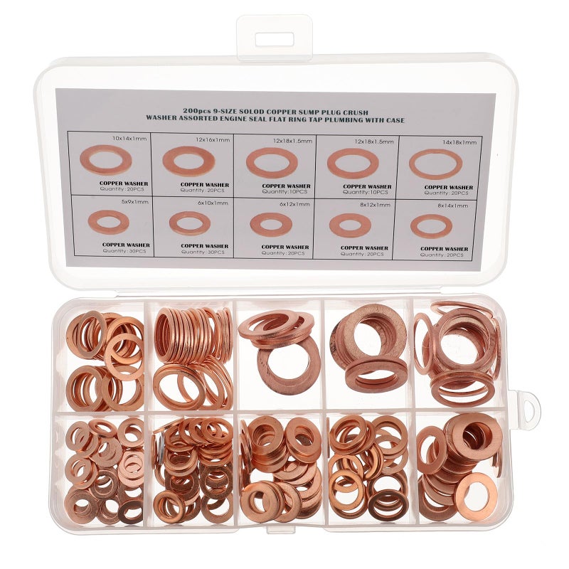 M5 Copper Crush Washer Assortment Kit 200pcs Flat Sealing Gasket Rings for Industrial Mechanical Use - Image 2