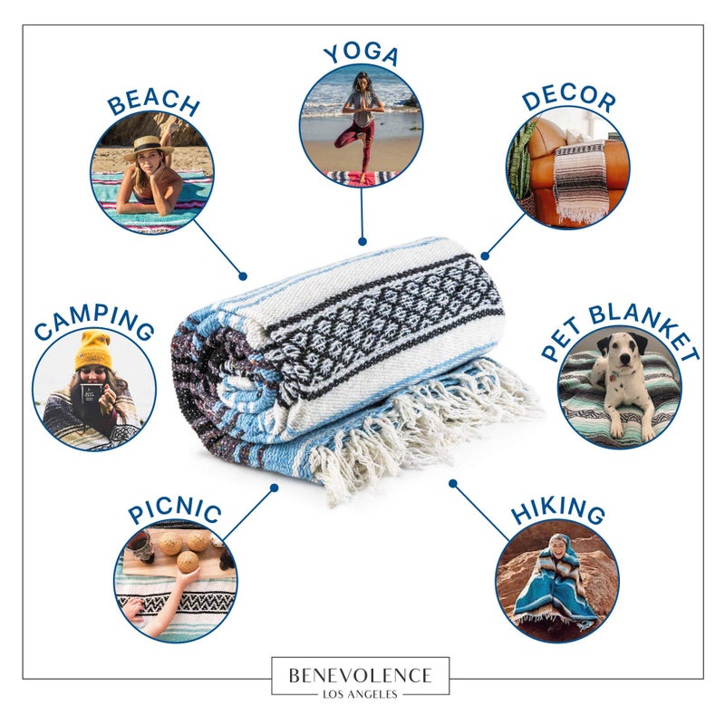 Benevolence LA Authentic Handwoven Mexican Blanket | Yoga Blankets, Outdoor, Picnic, Beach, Camping | Equestrian Saddle | Serape 50x70 inches - Sky Blue, Pack of 1 - Image 5