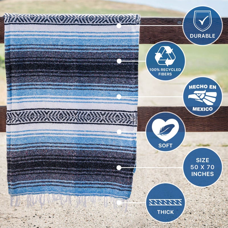 Benevolence LA Authentic Handwoven Mexican Blanket | Yoga Blankets, Outdoor, Picnic, Beach, Camping | Equestrian Saddle | Serape 50x70 inches - Sky Blue, Pack of 1 - Image 3