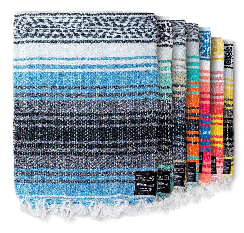 Benevolence LA Authentic Handwoven Mexican Blanket | Yoga Blankets, Outdoor, Picnic, Beach, Camping | Equestrian Saddle | Serape 50x70 inches - Sky Blue, Pack of 1 - Image 1