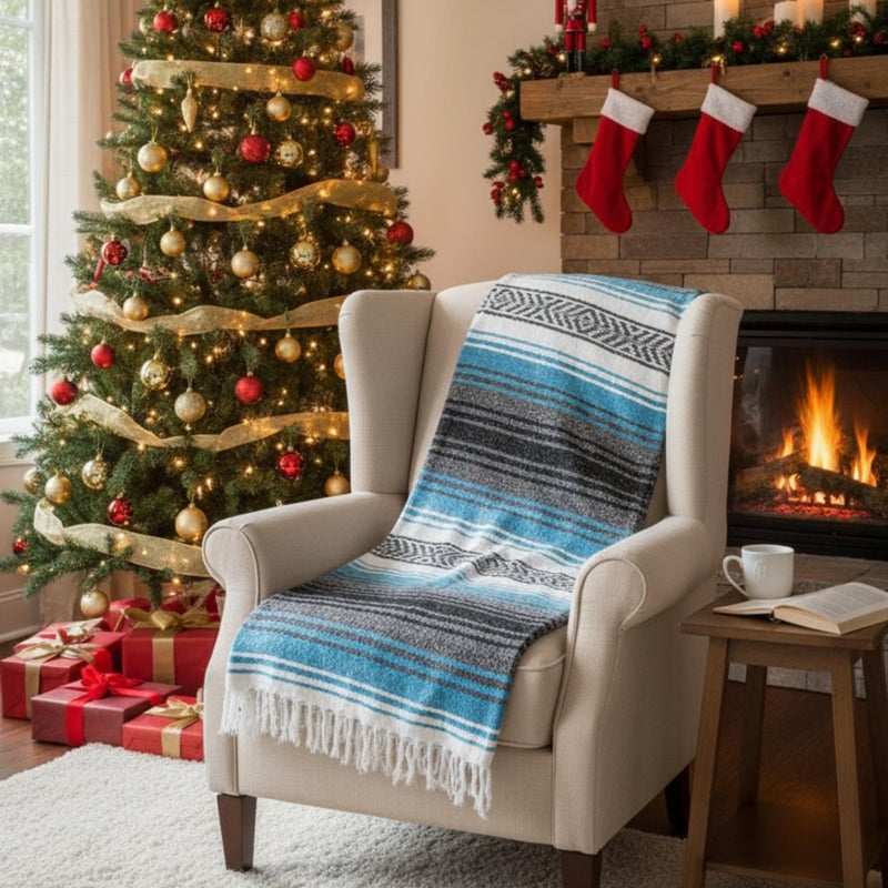 Benevolence LA Authentic Handwoven Mexican Blanket | Yoga Blankets, Outdoor, Picnic, Beach, Camping | Equestrian Saddle | Serape 50x70 inches - Sky Blue, Pack of 1 - Image 4