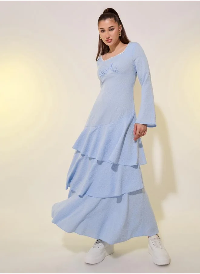 Take Two Take Two Textured Square Neckline Tiered Maxi Dress with Faux Pearl Detail