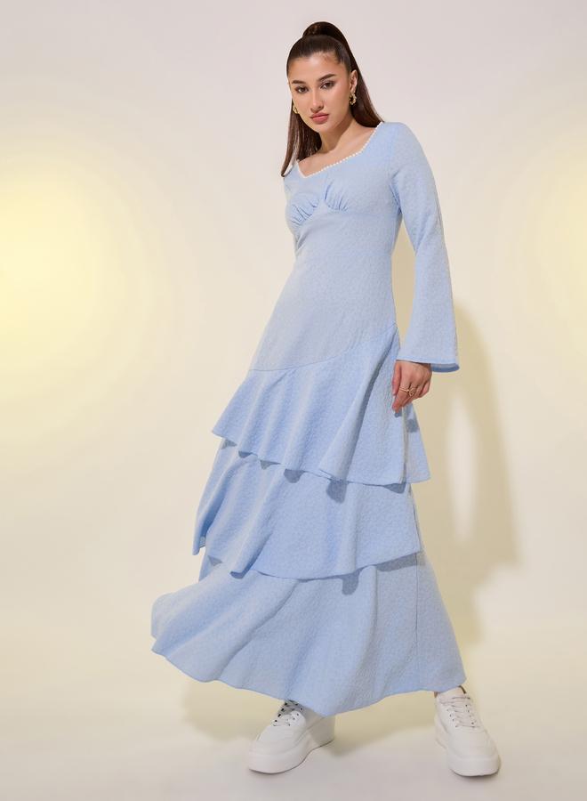 Take Two Textured Square Neckline Tiered Maxi Dress with Faux Pearl Detail - Image 1