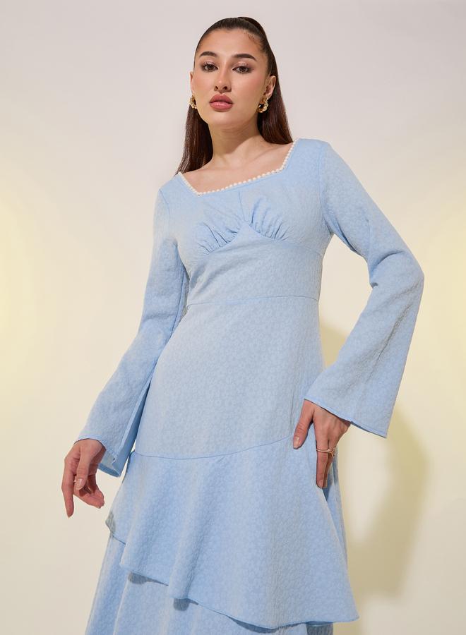 Take Two Textured Square Neckline Tiered Maxi Dress with Faux Pearl Detail - Image 3