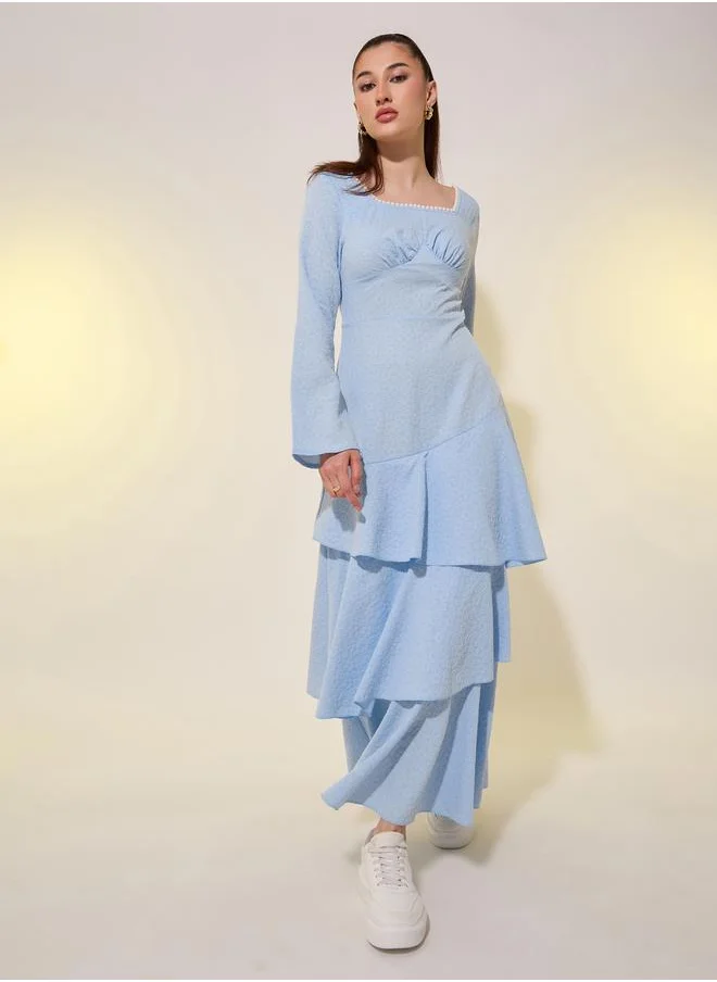 Take Two Take Two Textured Square Neckline Tiered Maxi Dress with Faux Pearl Detail