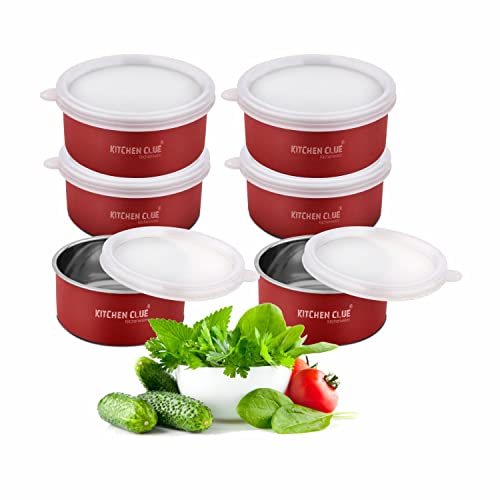 KITCHEN CLUE Stainless Steel Microwave Safe Lunch Containers for Kitchen I Red Set of 6 Pcs, 300 ML I Steel Lunch Box for Office School I Kitchen Storage Bowls I AIRTIGHT & Leak-Proof (Set of 6 PCS) - Image 1
