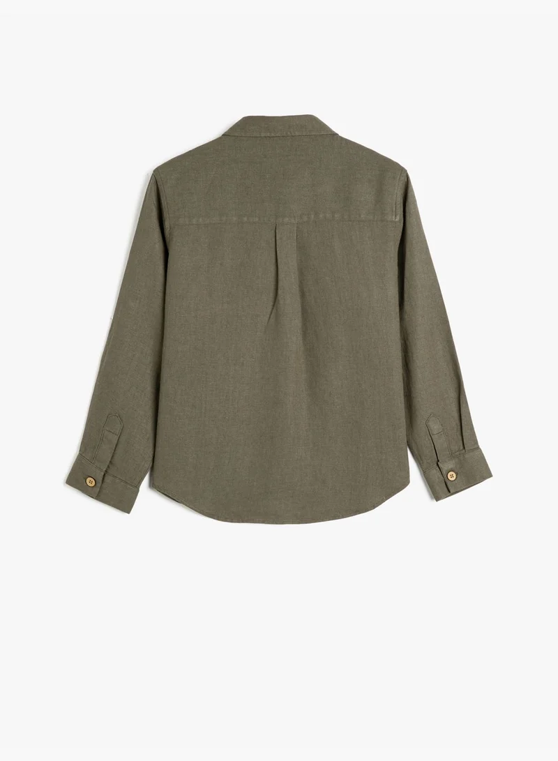 KOTON Linen Blend Shirt Basic Long Sleeve One Pocket Detail