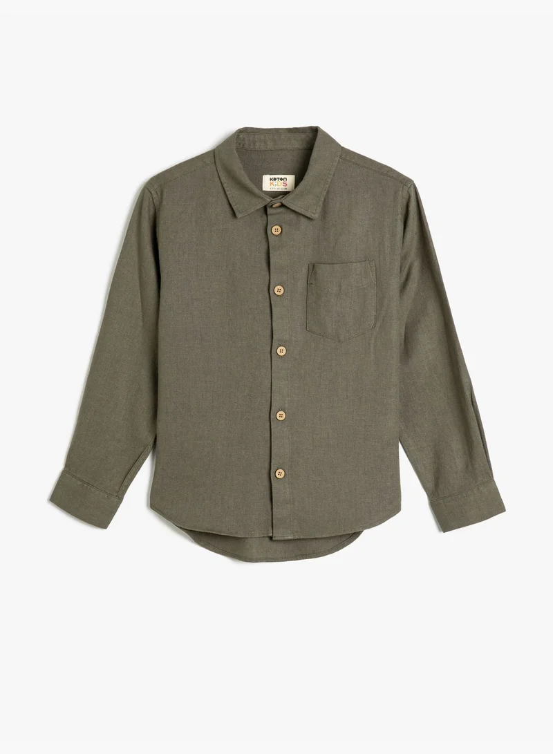 KOTON Linen Blend Shirt Basic Long Sleeve One Pocket Detail