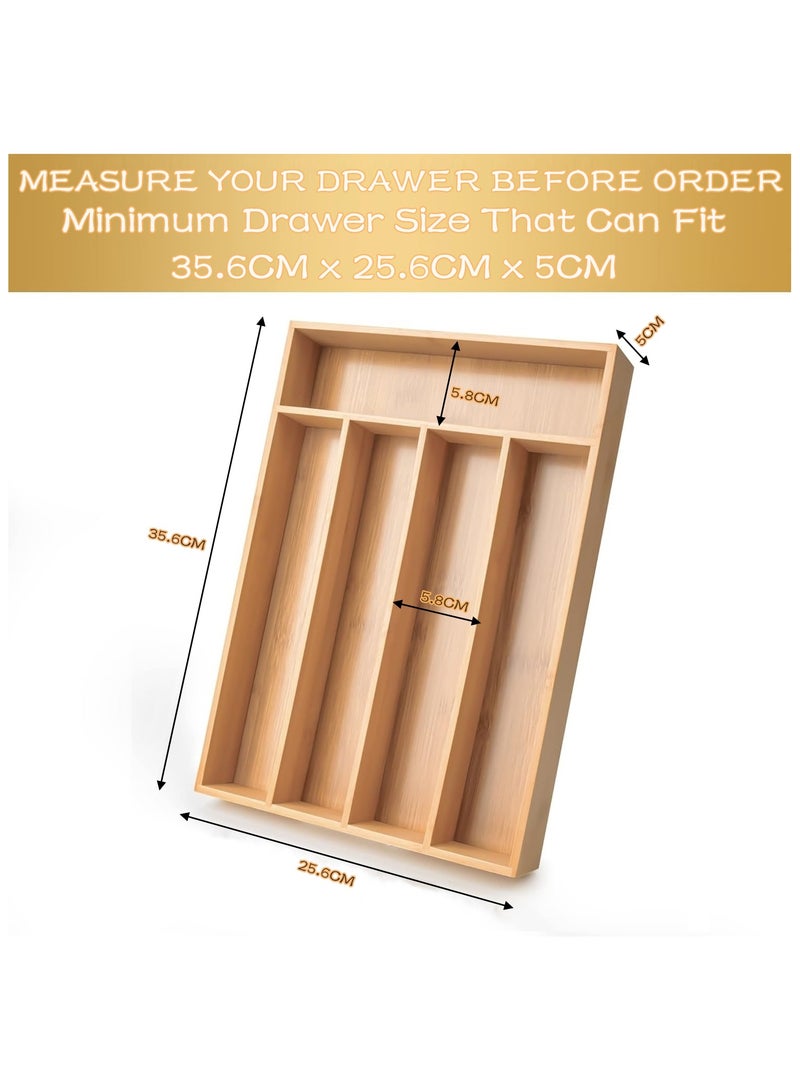 Beauenty Silverware Drawer Organizer,5 Compartment Bamboo Drawer Organizer Kitchen Utensils,Multifunctional Cutlery Drawer Organizer for Flatware & Kitchen Tools,Silverware Holder and Cutlery Tray - Image 2