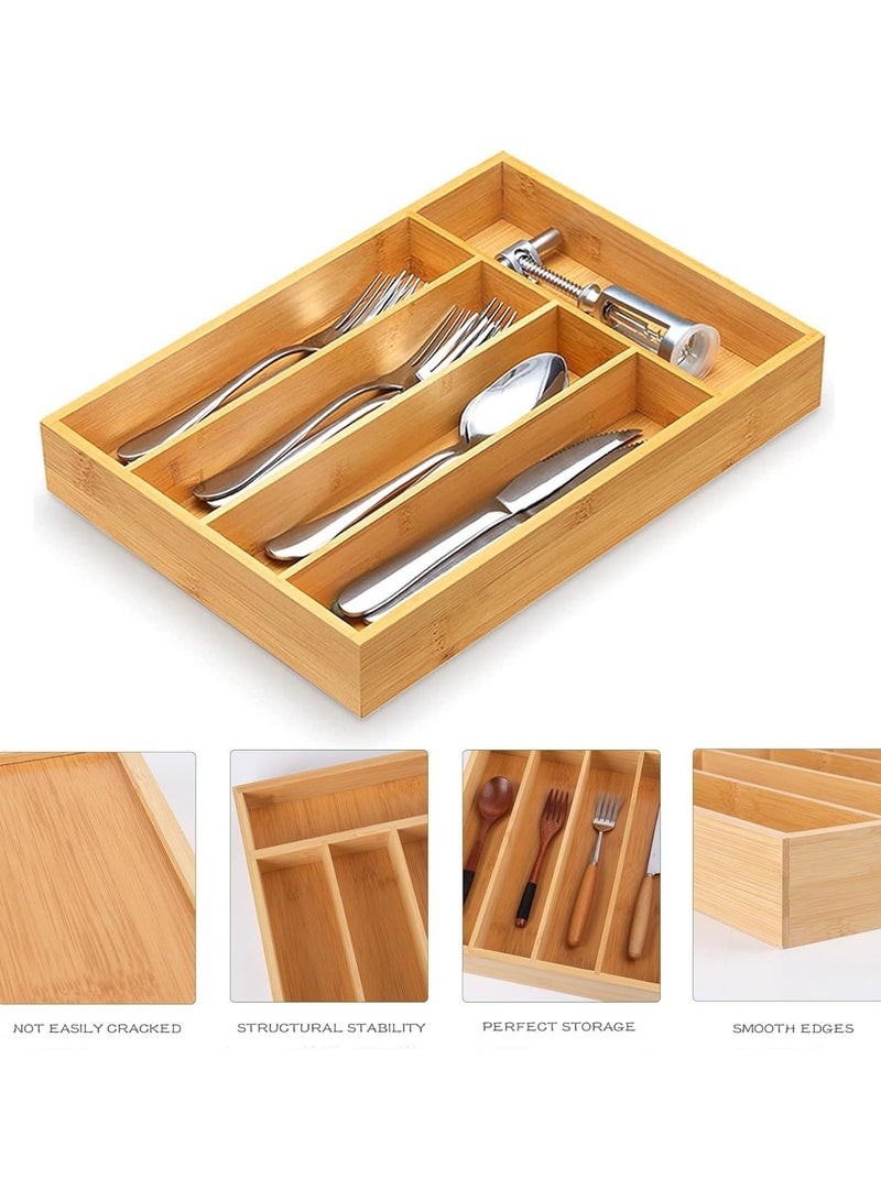 Beauenty Silverware Drawer Organizer,5 Compartment Bamboo Drawer Organizer Kitchen Utensils,Multifunctional Cutlery Drawer Organizer for Flatware & Kitchen Tools,Silverware Holder and Cutlery Tray - Image 3
