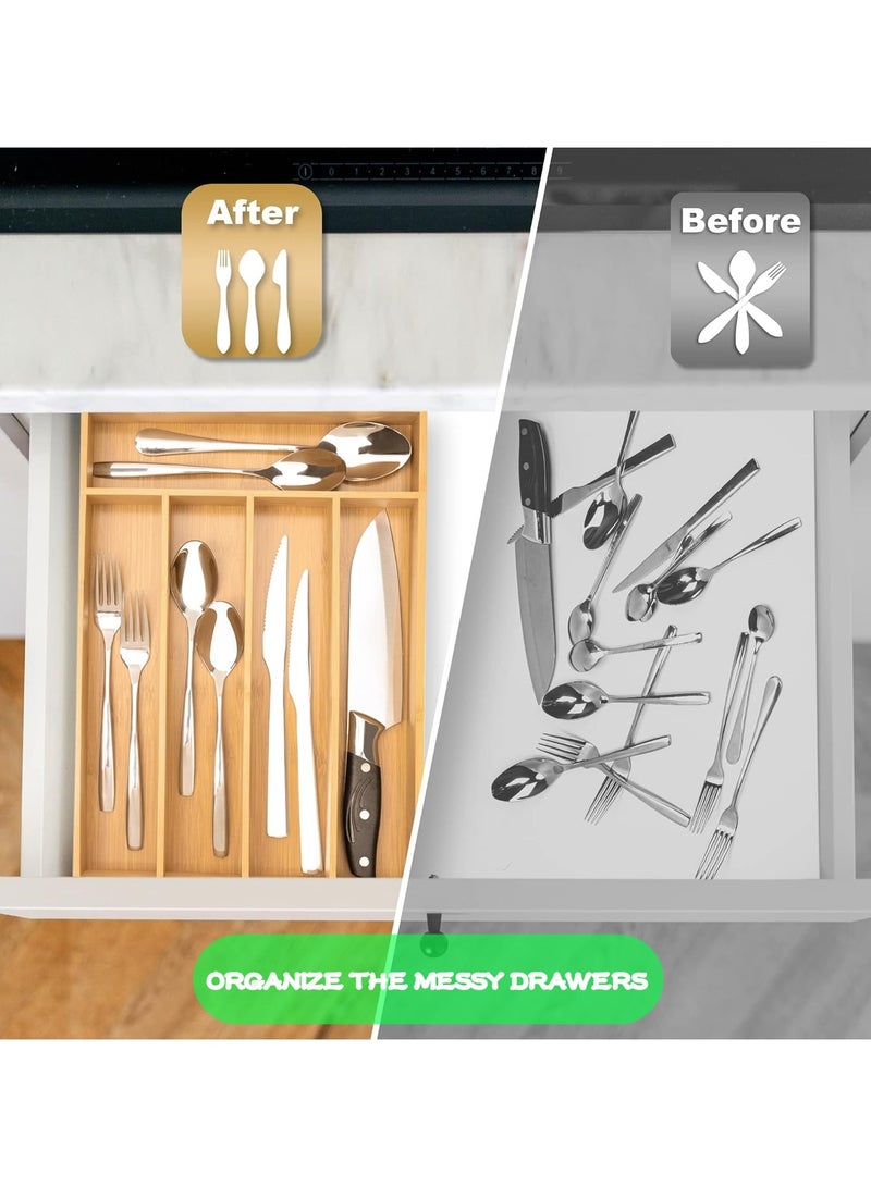 Beauenty Silverware Drawer Organizer,5 Compartment Bamboo Drawer Organizer Kitchen Utensils,Multifunctional Cutlery Drawer Organizer for Flatware & Kitchen Tools,Silverware Holder and Cutlery Tray - Image 4