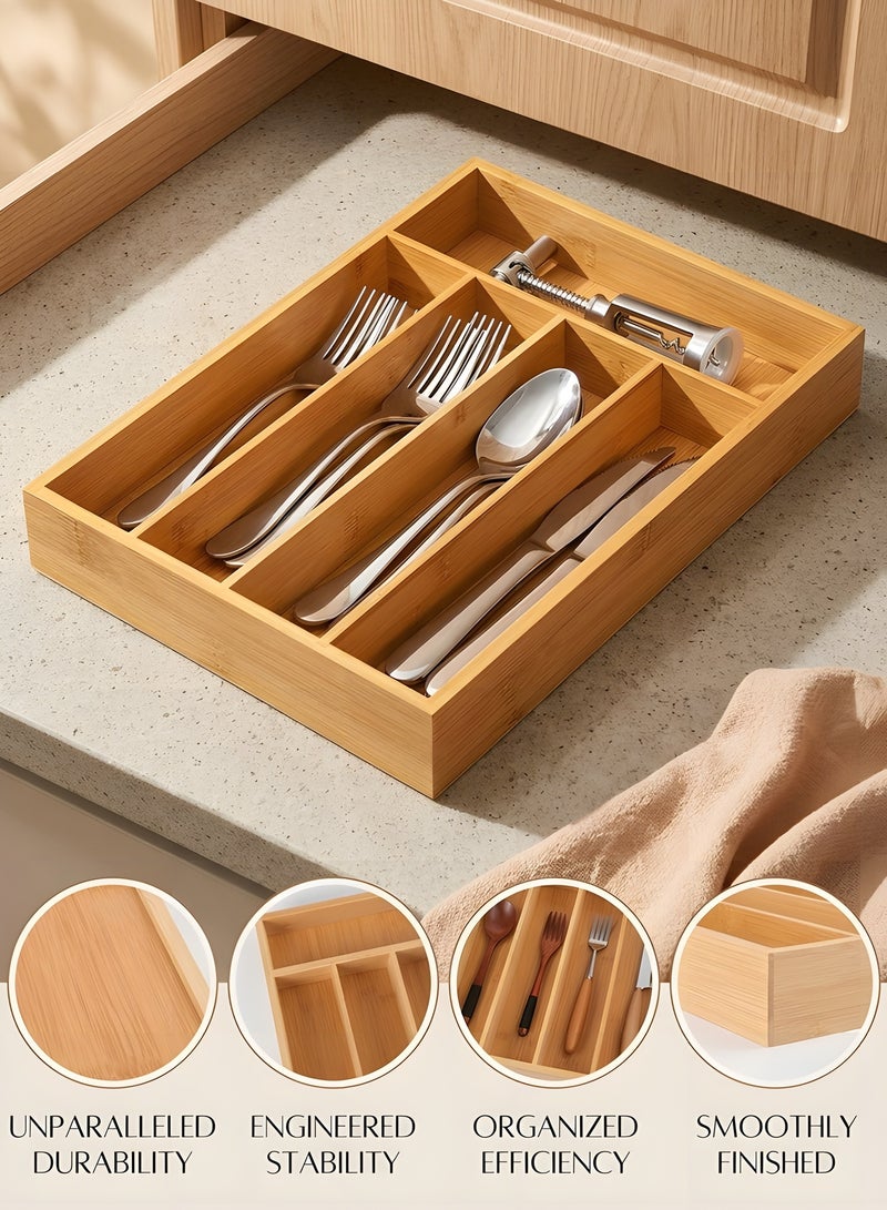 Beauenty Silverware Drawer Organizer,5 Compartment Bamboo Drawer Organizer Kitchen Utensils,Multifunctional Cutlery Drawer Organizer for Flatware & Kitchen Tools,Silverware Holder and Cutlery Tray - Image 2